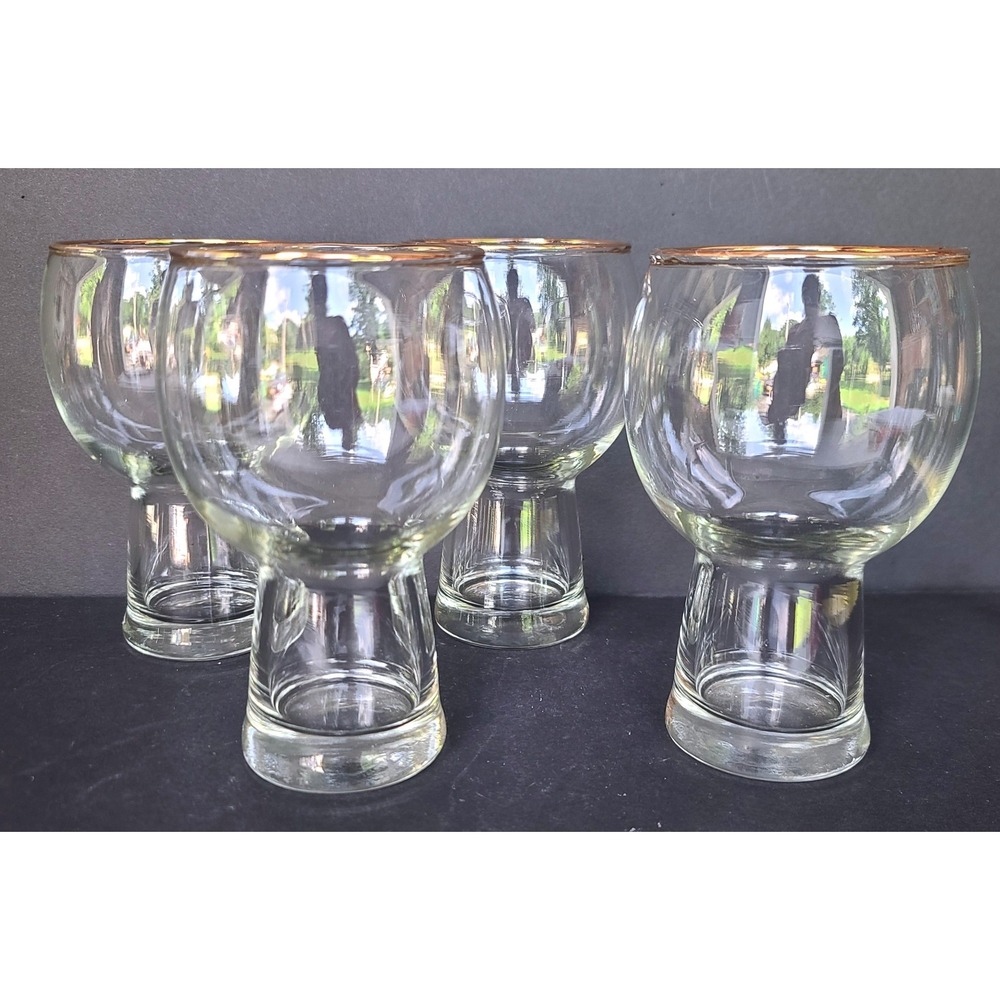 Vintage Federal Glass Hollow Stem Weighted Base Beer‎ Glasses 4 ct. Gold Rimmed